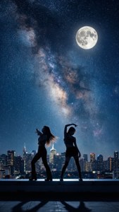 兩個舞者的剪影，背景是滿月和城市燈光的星空夜空。