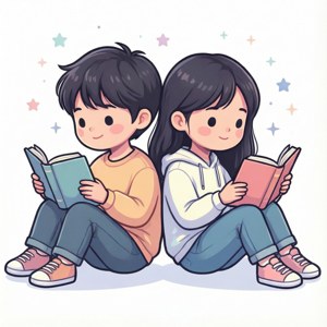 兩個孩子背對背坐著看書，星星在他們周圍。 — Huawei nova Flip 壁紙