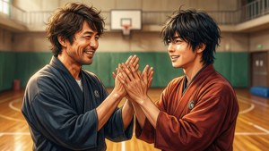 兩名身穿長袍的男子在籃球體育館內微笑擊掌。
