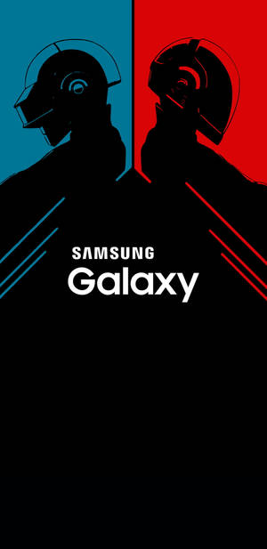兩個頭盔人物，分別為藍色和紅色的一半，帶有Samsung Galaxy文字。