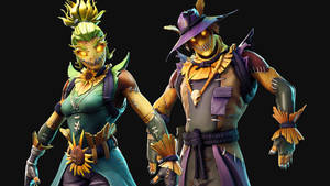 兩個 Fortnite 稻草人角色，帶有發光的眼睛和向日葵配件。