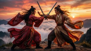 兩位武術家在日落時分於懸崖上決鬥，下方是山巒與雲海。