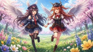 兩個有翼的動畫女孩穿著校服，奔跑在色彩繽紛的花田中。