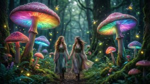 兩位女性在一個有巨大發光蘑菇和螢火蟲的魔法森林中牽手。