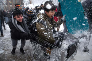 兩個年輕男子在飄雪中笑著用購物車滑雪。 — 雪花 壁紙