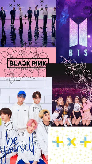 K-pop拼貼畫，包含BTS和BLACKPINK的照片、花卉設計和閃亮標誌。 — 可愛黑色動圖 壁紙