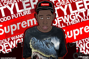 Tyler the Creator 戴著 Supreme 帽子和恐龍 T 恤，背景為粗體紅色文字。