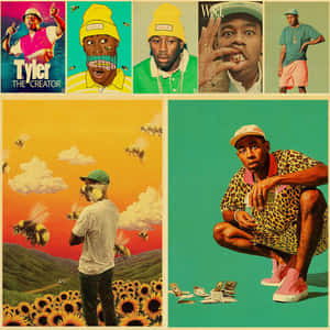 Tyler The Creator 在蜜蜂、向日葵和金錢的環繞下，於色彩繽紛的背景前擺出超現實的姿勢。 — Tyler the creator GIF 壁紙