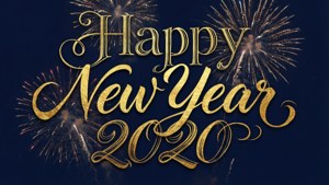 金色 'Happy New Year 2020' 文字與煙火，深藍色背景