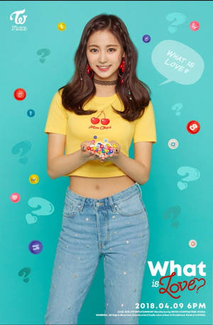 K-pop女孩拿著彩色糖果，帶有「什麼是愛？」文字和問號