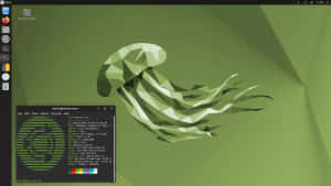 Linux 桌面，帶有終端和綠色低多邊形水母壁紙。