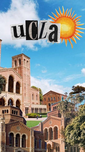 UCLA校園建築物，帶有風格化的太陽和撕紙標誌，以藍天為背景。 — 太陽 壁紙
