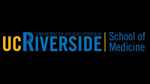 University of California Riverside School of Medicine 標誌，以藍色和黃色文字顯示在黑色背景上。