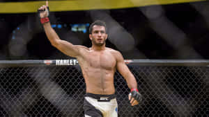 MMA拳手在UFC八角籠中舉拳慶祝勝利。