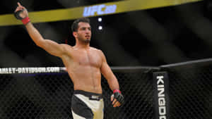 UFC拳手在八角籠內高舉拳頭慶祝勝利。
