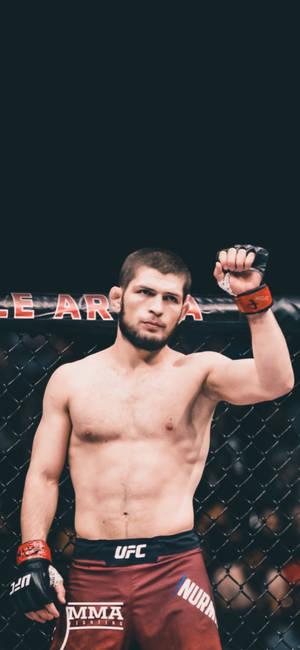 MMA拳手穿紅色短褲在八角籠內高舉拳頭勝利。