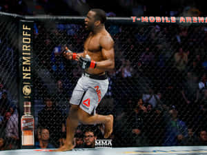 MMA拳手在八角籠內慶祝勝利，觀眾歡呼 — 跑步 壁紙
