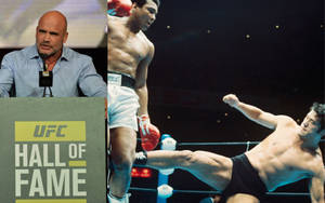 UFC名人堂演講者旁邊是Muhammad Ali和一個踢腿拳手的拳擊動作照片。 — 1920x1200 壁紙