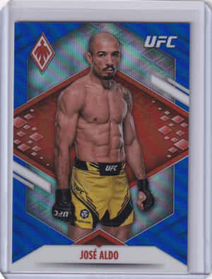 UFC拳手Jose Aldo穿著黃色短褲和手套，站在色彩繽紛的卡片背景上。
