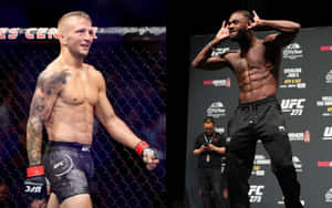 兩位赤裸上身的UFC拳手在稱重活動中擺姿勢。