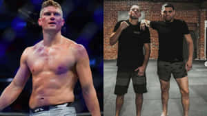 兩名男性MMA拳手，一個在擂台，一個在健身房與朋友擺姿勢。