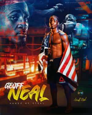 UFC拳手Geoff Neal在霓虹競技場中披著美國國旗，帶有層疊的戰鬥圖像。 — 運動 壁紙