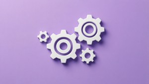 紫色背景上的白色3D齒輪，用於科技概念