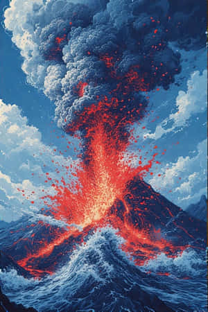 火山爆發，紅色熔岩和火山灰映襯著藍天和海浪 — iPhone 4 壁紙