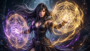 一位身穿暗色盔甲的女法師在神秘森林中引導發光的魔法符號。
