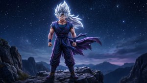 銀發動漫戰士穿著紫色道服站在星空下的岩石懸崖上