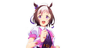 動漫女孩，紫色眼睛和馬耳朵，穿著粉紅色服裝開心地指著。