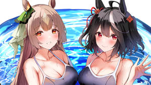兩個有動物耳朵嘅動漫女仔著住泳衣喺水中微笑。 — 可愛寵物小精靈 壁紙
