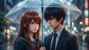 兩個動漫角色在夜晚的城市街道上，在傾盆大雨中緊靠在一把雨傘下。
