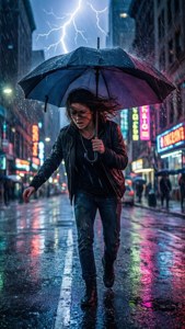 女子在雨中撐傘奔跑，城市中有閃電和霓虹燈牌