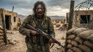 喪屍士兵在廢棄沙漠哨站中，靠近沙包和鐵絲網持步槍