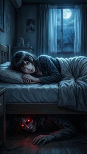 床上的女子恐懼地凝視著一隻紅眼怪物在床下爬行。
