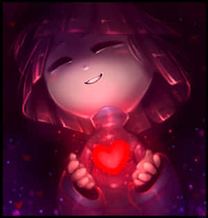 動漫女孩在深紫色星空背景中拿著發光的紅色心形