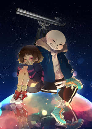兩個動漫角色坐在星球上，望遠鏡對著星空。