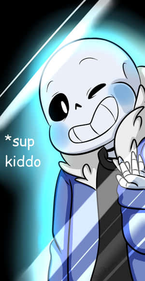 卡通骷髏角色在發光的藍色光線背景下微笑，帶有文字 *sup kiddo*。