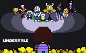 來自 Undertale 的像素化遊戲角色站在發光平台上。
