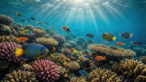 在海面下，陽光穿過海水照射在珊瑚礁上，色彩繽紛的魚兒在游動。