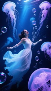 身穿白色長裙的女性在水中漂浮，伴有發光水母和氣泡