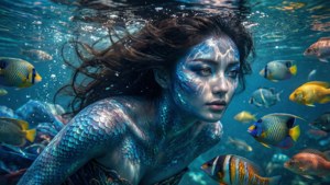 一條擁有藍色鱗片和黑髮的美人魚在水中游泳，周圍是色彩繽紛的熱帶魚。