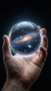 手拿著一個發光的球體，內含一個帶有星星和宇宙塵埃的螺旋星系。