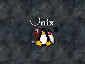 卡通企鵝和狐狸在深色背景上的 Unix 標誌旁邊