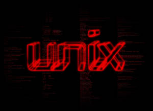 紅色線框UNIX標誌被黑色背景上滾動的終端代碼包圍。