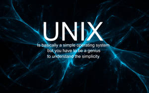 發光的藍色分形圖案位於粗體白色 UNIX 文字後方，附有科技引言。
