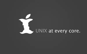 白色Apple標誌，咬口內有兩張臉，灰色背景上文字UNIX at every core。