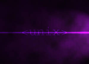 深色網格上帶有霓虹光條的發光紫色 Unix 文字。