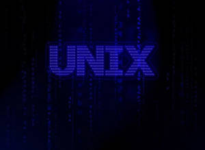 藍色發光UNIX標誌，黑色背景上有落下的數位代碼